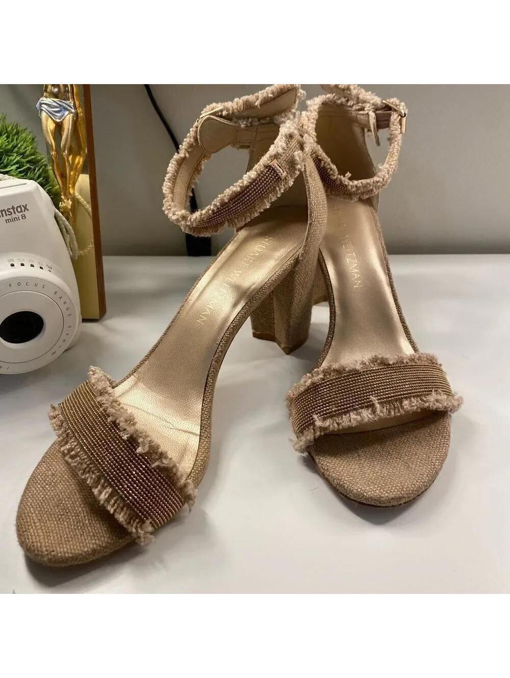 Stuart Weitzman Chaingang Frayed Linen Ankle Wrap Sandals Tan Size 8